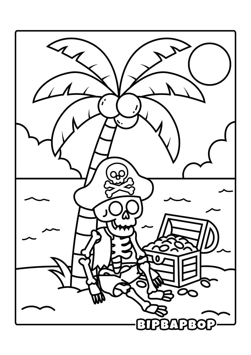 a skeleton of a pirate under a coconut tree with a treasure chest full of gold coins