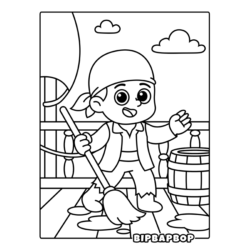 a pirate boy next to a treasure chest with a parrot on it