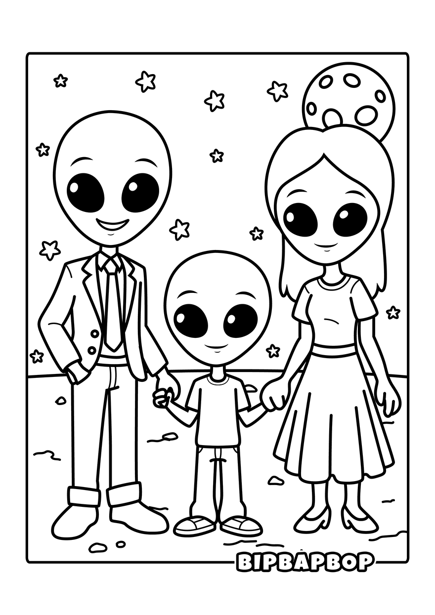 A family of aliens walking on a distant planet.