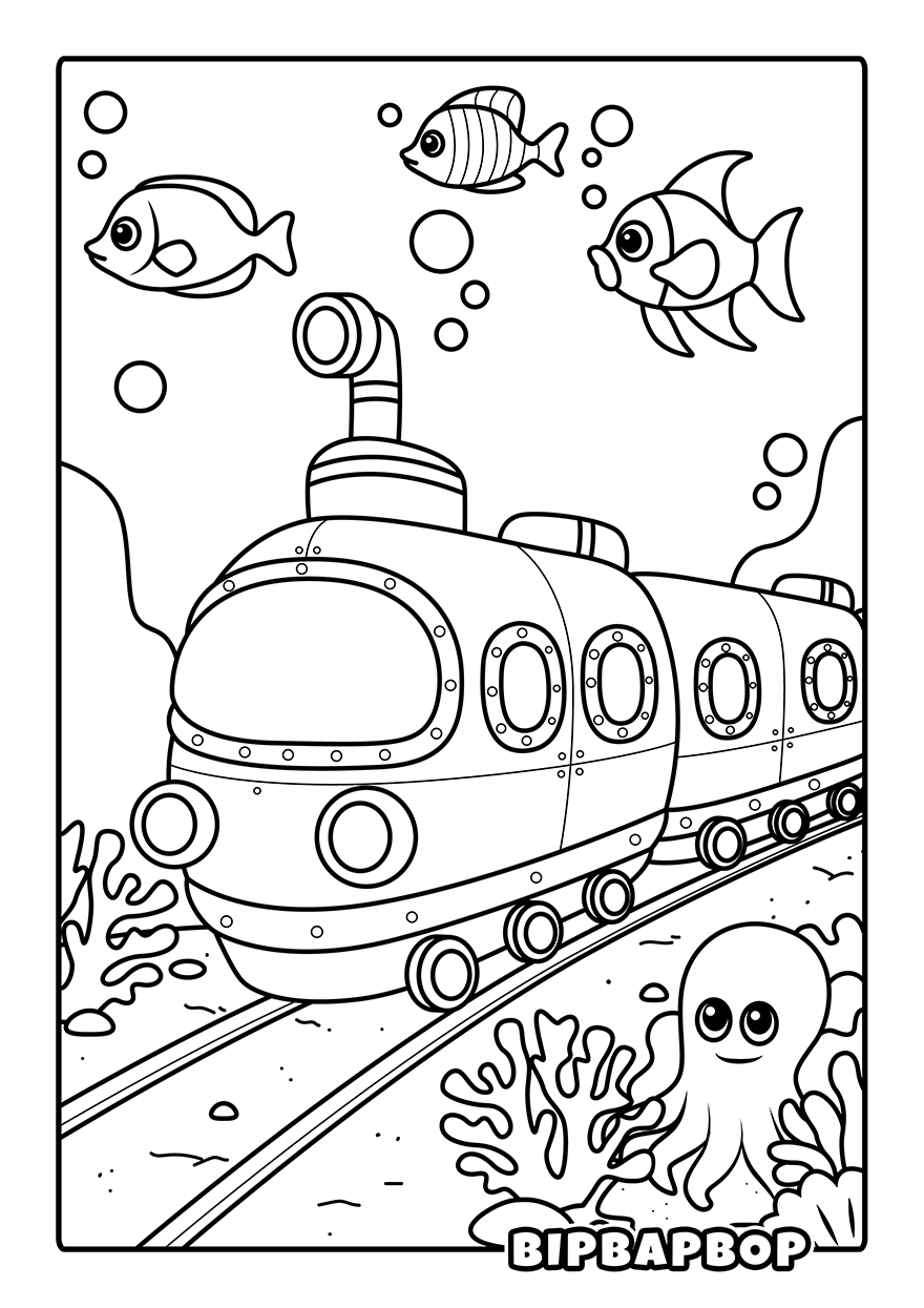 an underwater train with fish and octopus