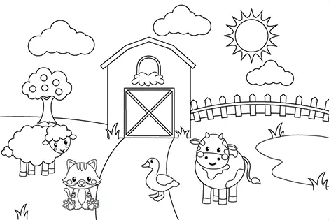 Adorable Farm Animals Coloring Page Black & White