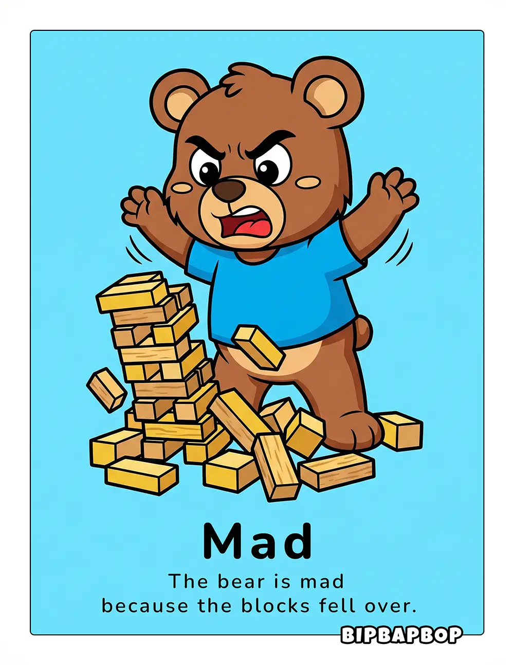 The bear is mad because the blocks fell over