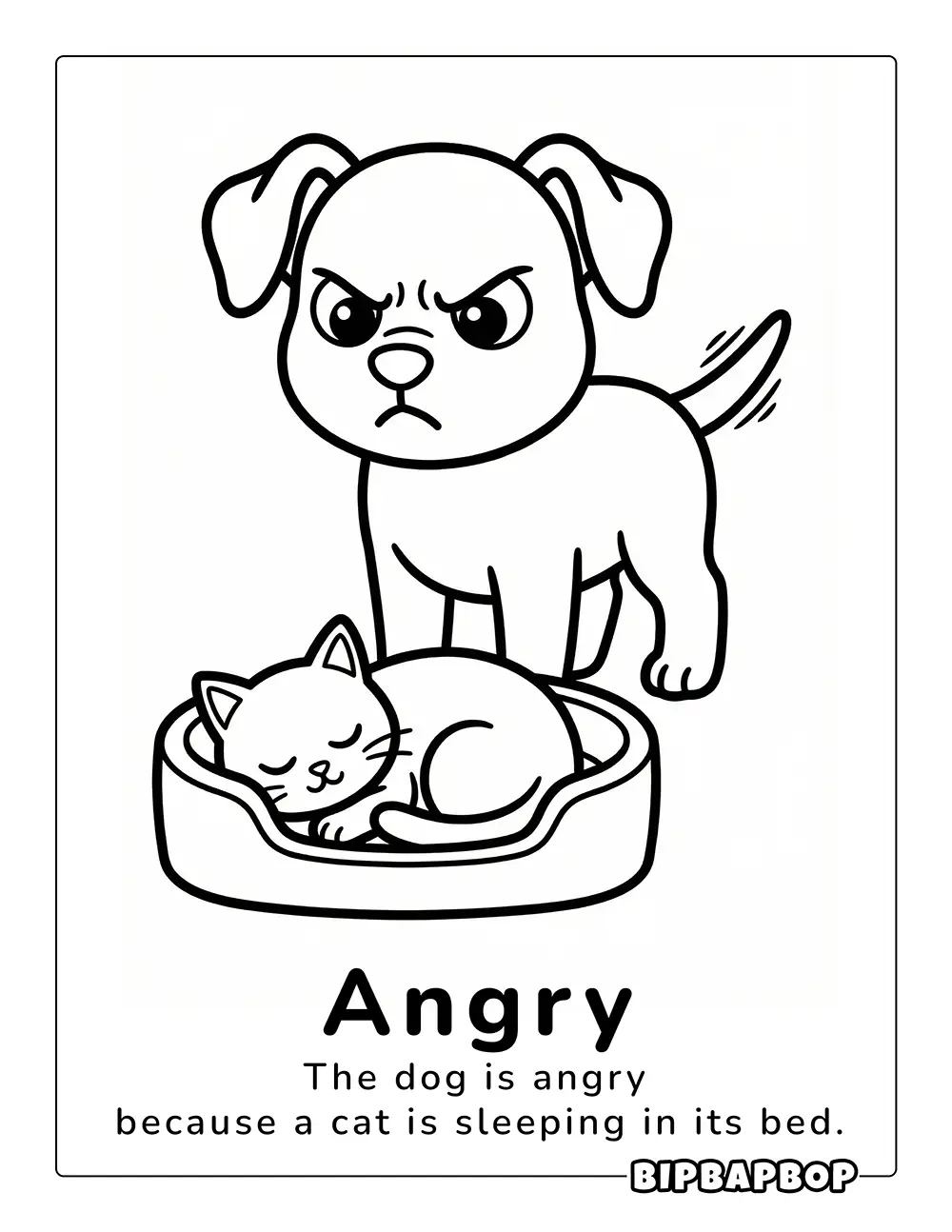 The puppy is mad because a kitten is sleeping in his bed