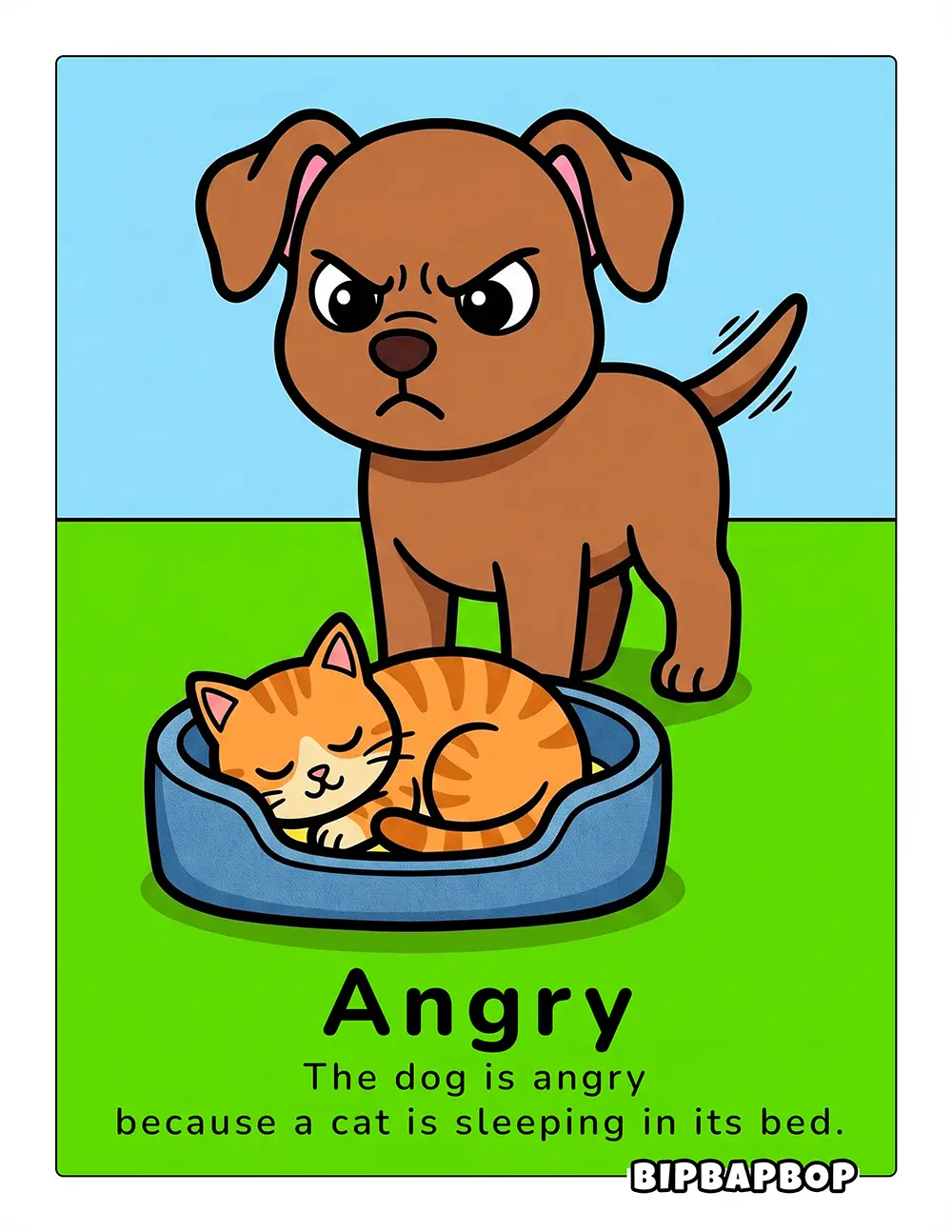 The dog is angry because a cat is sleeping in its bed