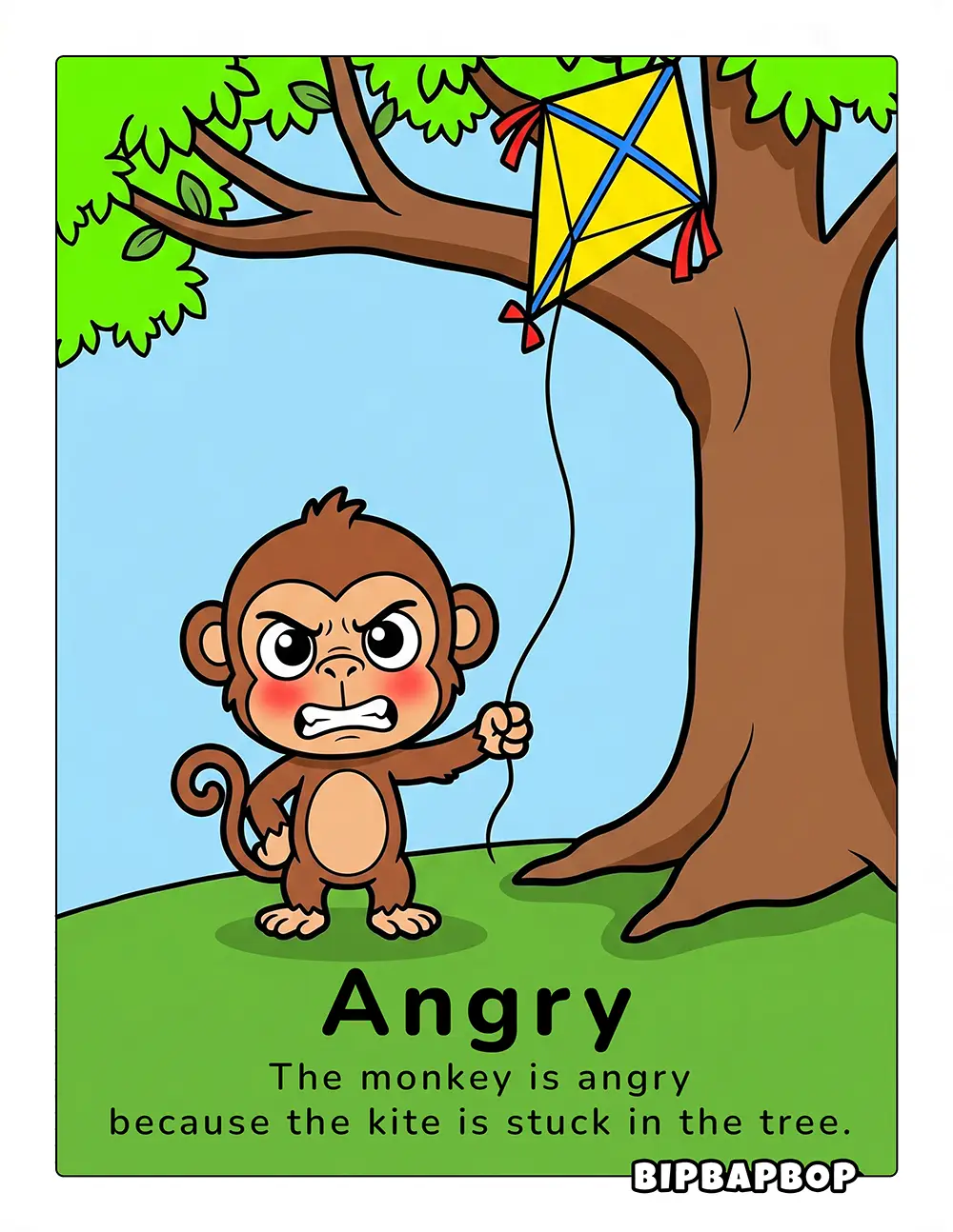 The monkey is angry because the kite is stuck in the tree