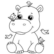 Baby Hippo with Birds Coloring Page Black & White