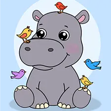 Baby Hippo with Birds Coloring Page