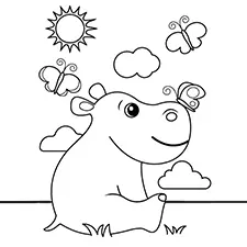 Baby Hippo with Butterflies Coloring Page Black & White