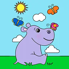 Baby Hippo with Butterflies Coloring Page Color