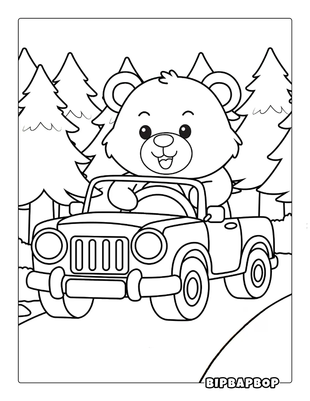 Bear Driving A Car Coloring Page