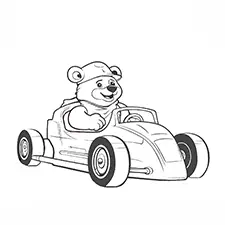 Bear Driving Racing Car Coloring Page Black & White