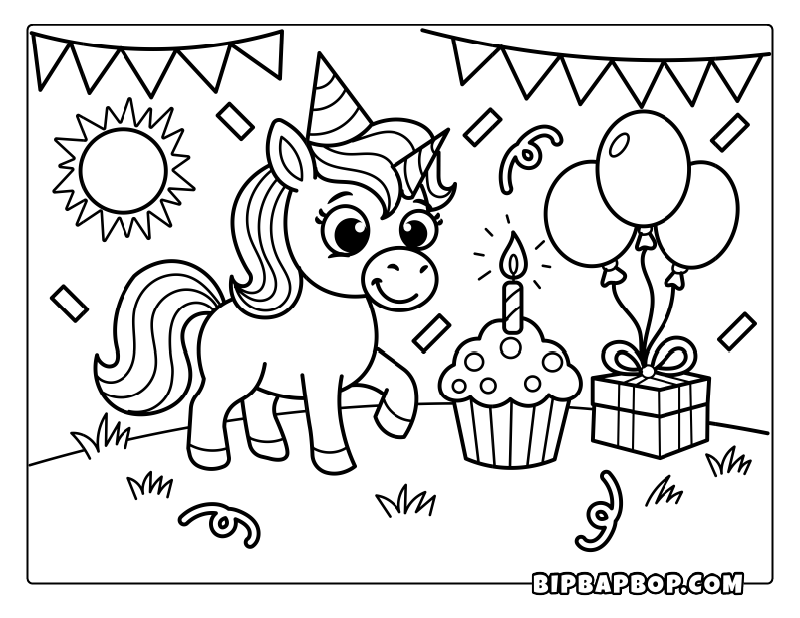 Birthday Unicorn Coloring Page