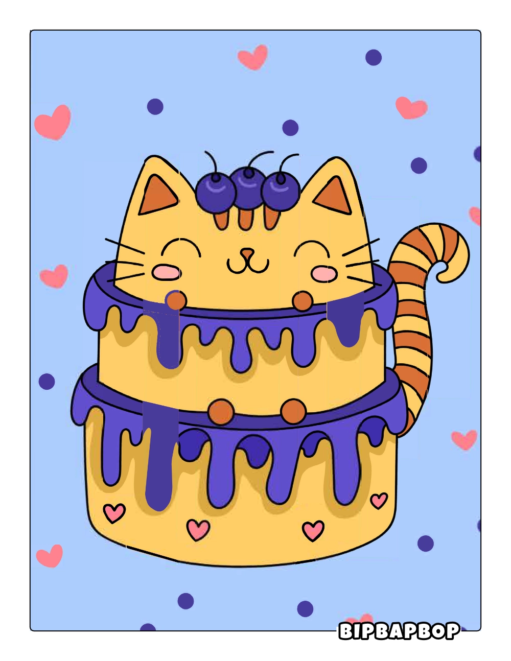 Blueberry Cat-Shaped Cake Coloring Page
