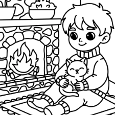 Boy And Cat By The Fireplace Coloring Page