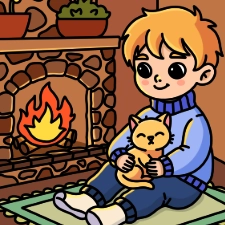 Boy And Cat By The Fireplace Coloring Page