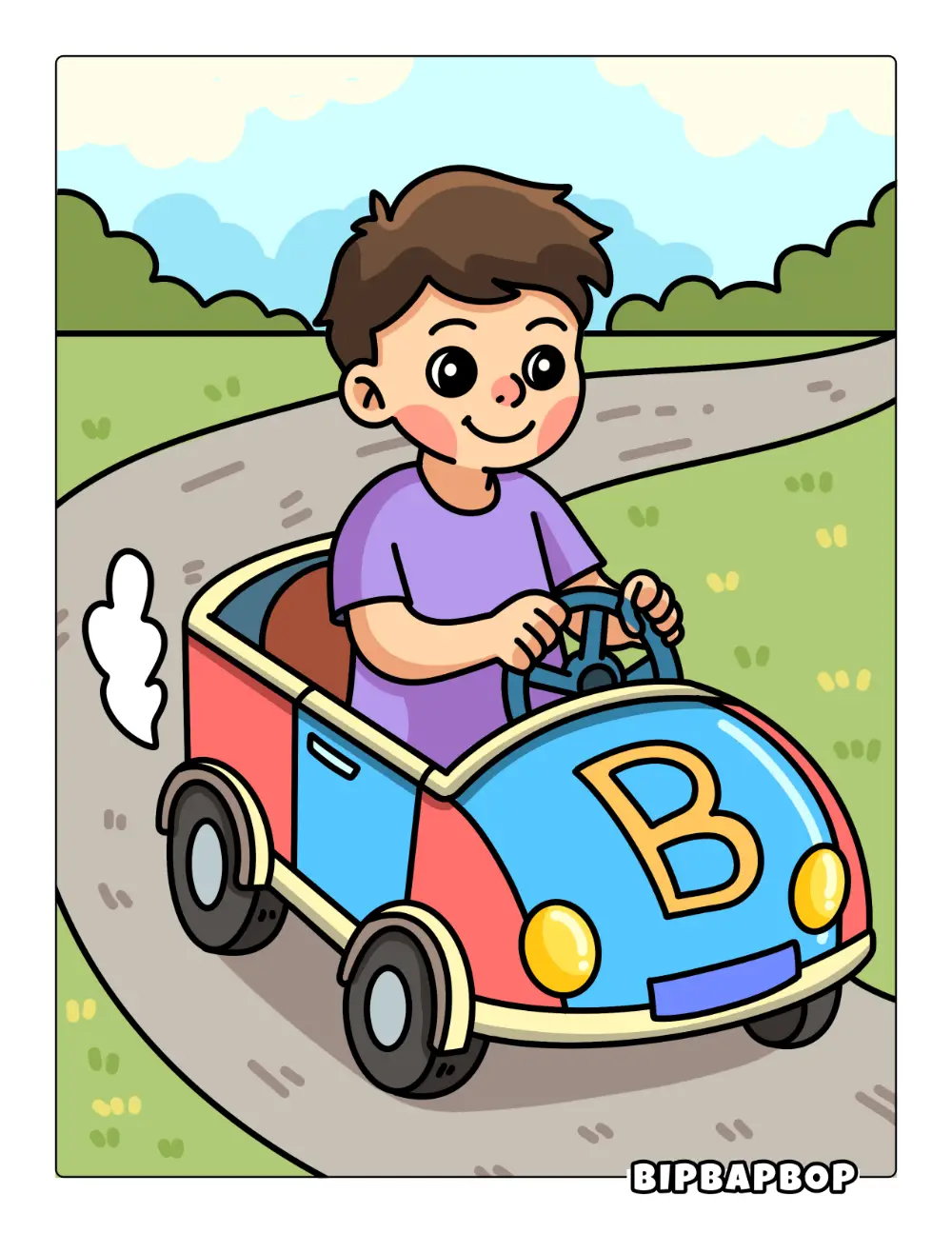 Boy Riding Car Coloring Page