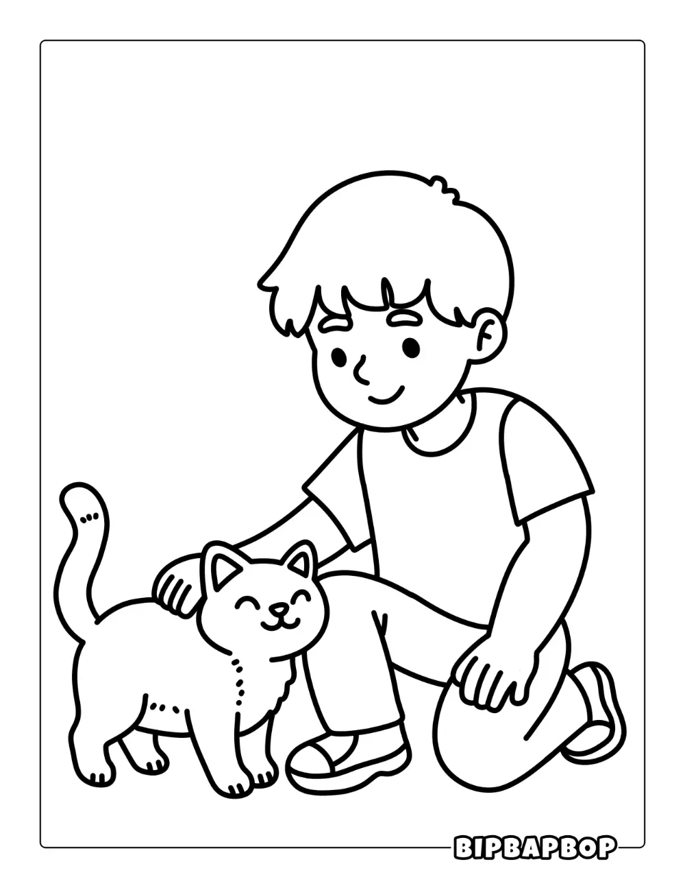 Boy With Cat Coloring Page