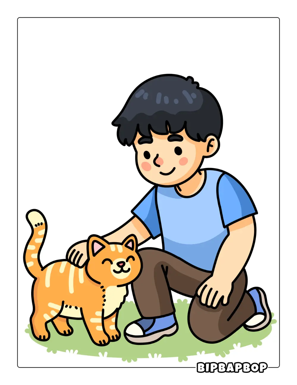 Boy With Cat Coloring Page