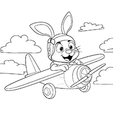 Bunny Rabbit Flying Airplane Coloring Page Black & White
