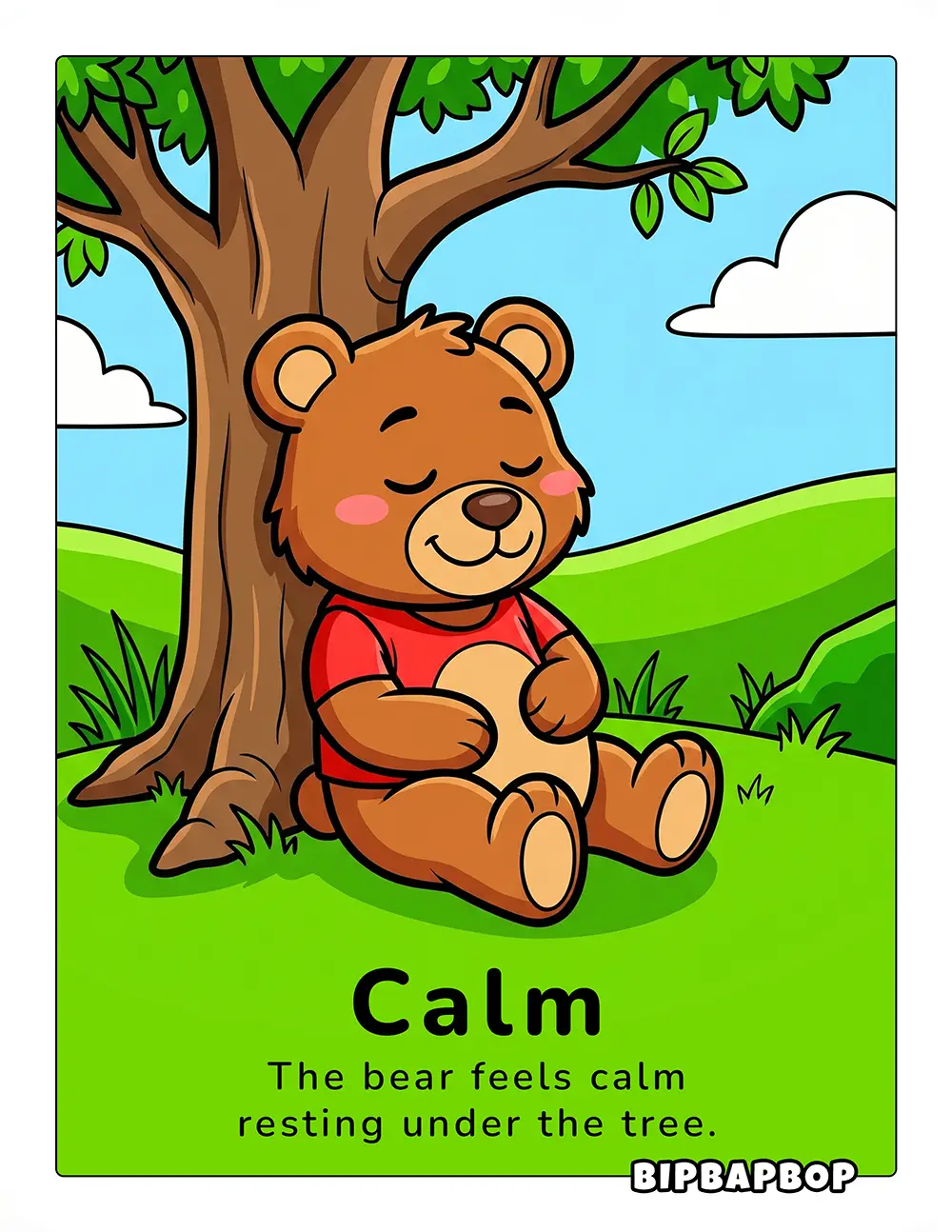 The bear feels calm resting under the tree