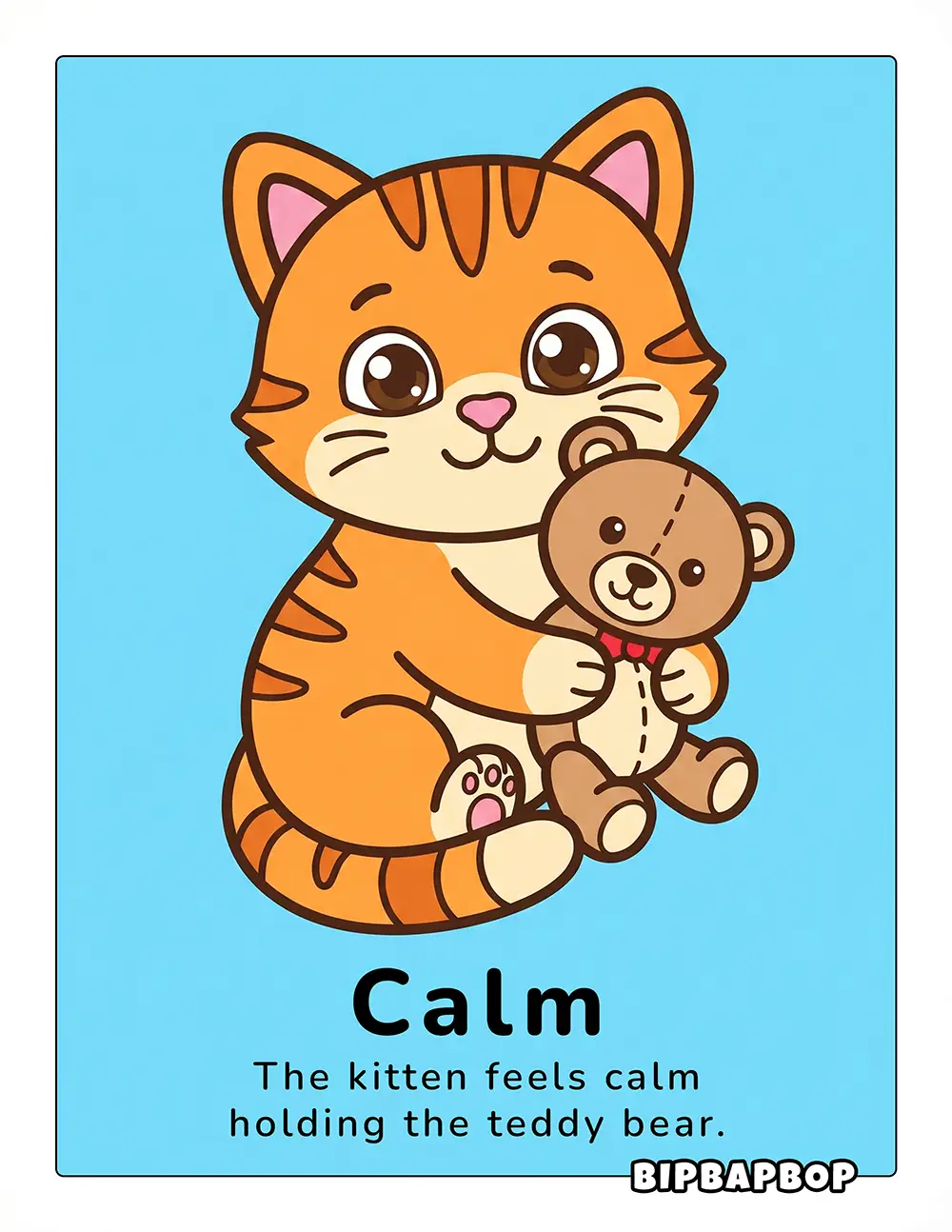 The kitten feels calm holding the teddy bear