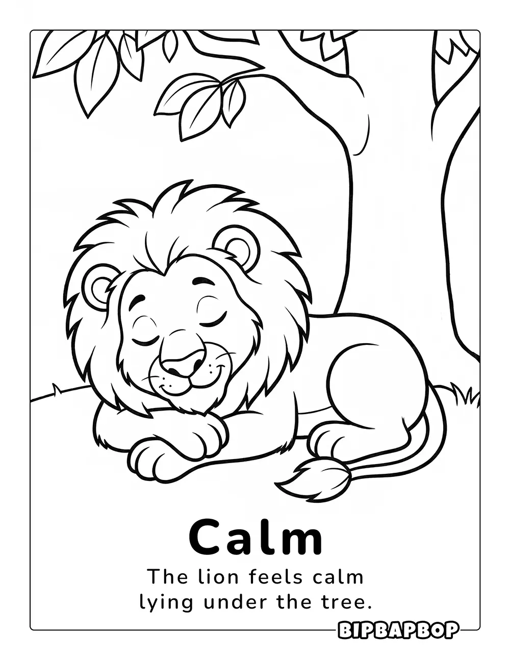 A calm lion sleeping under a tree