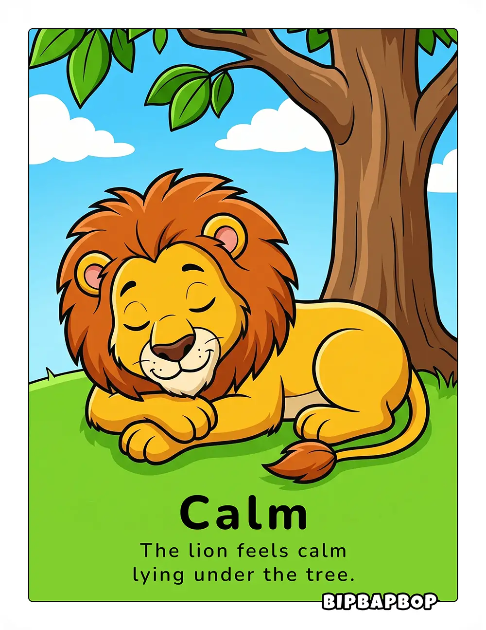 The lion feels calm lying under the tree