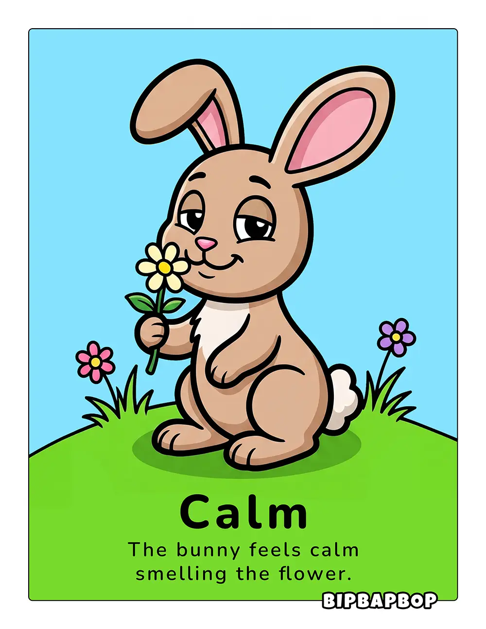 A calm rabbit holding a flower