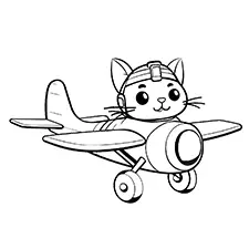 Cat Airplane Pilot Coloring Page Black & White