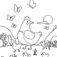 Chicken With Butterflies Coloring Page Black & White