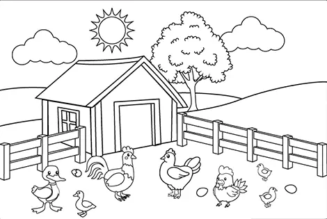 Chicken Farm Coloring Page Black & White