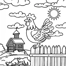 Chicken On A Fence Coloring Page Black & White