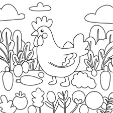 Chicken In A Vegetable Farm Coloring Page Black & White
