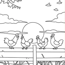 Chickens On Fence At Sunset Coloring Page Black & White