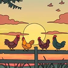 Chickens On Fence At Sunset Coloring Page Color