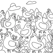 Colorful Chickens Coloring Page Black & White