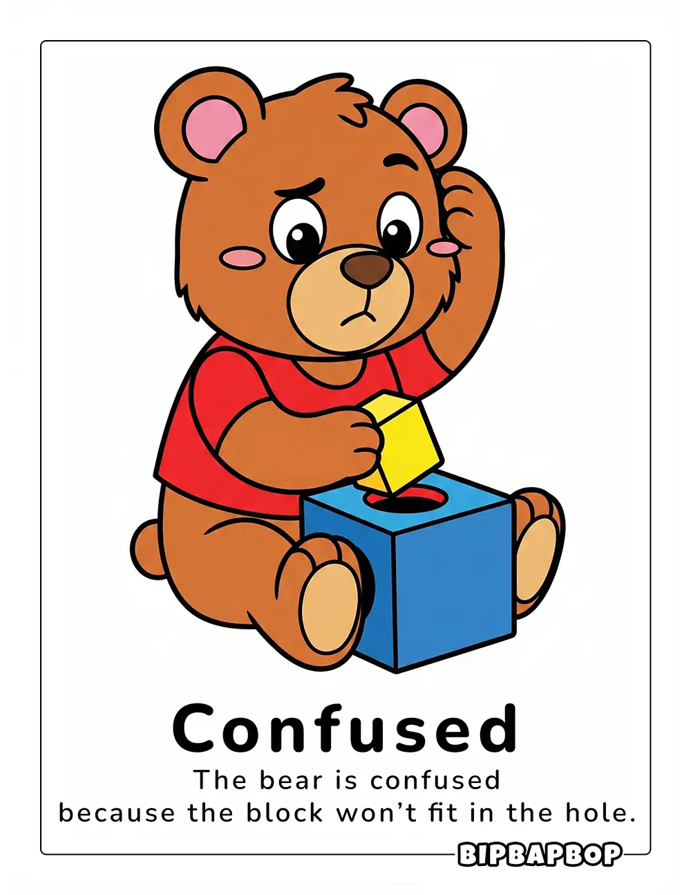 A confused bear trying to fit a square block in a round hole