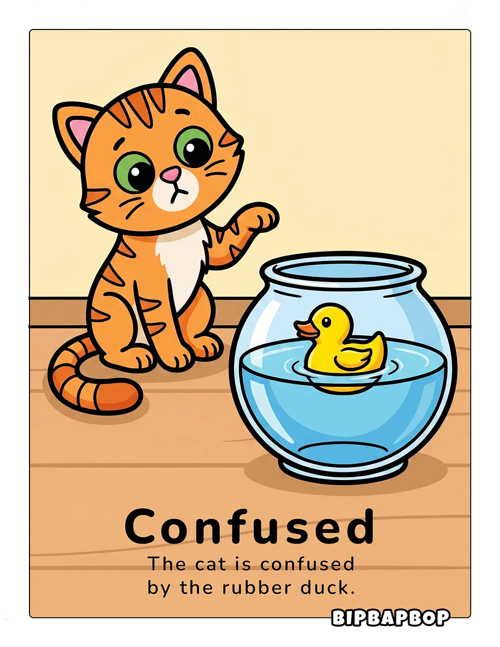 The cat is confused by the rubber duck