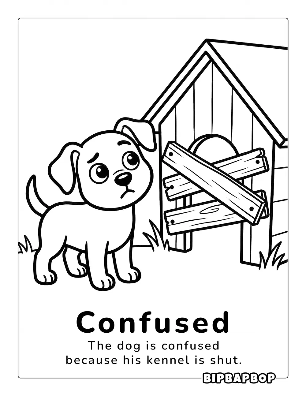 A confused dog looking at a kennel that's had planks nailed across the entrance.