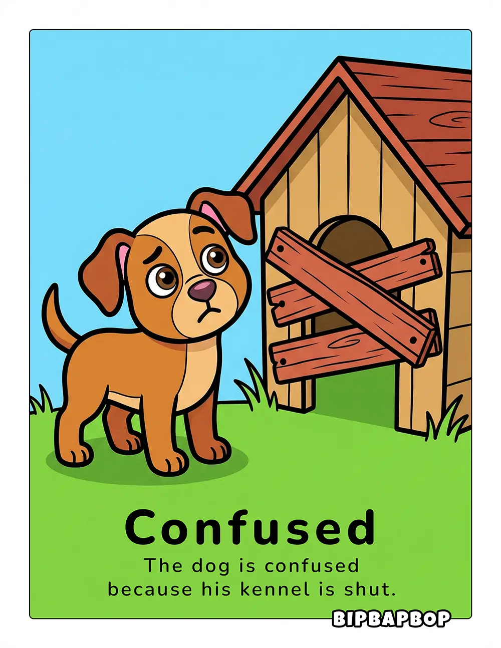 The dog is confused because his kennel is shut