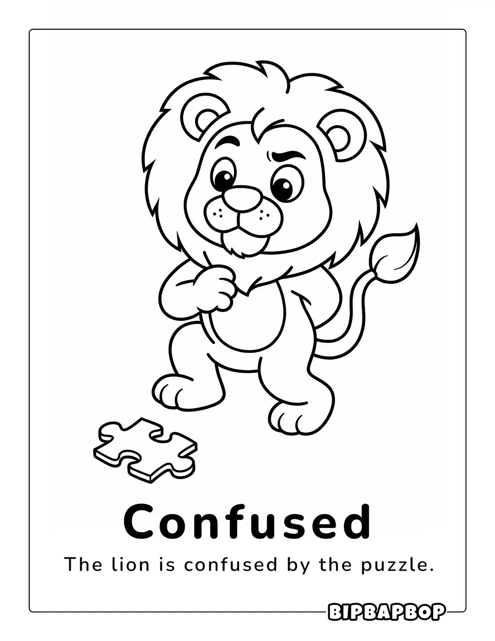 A confused lion looking at a puzzle