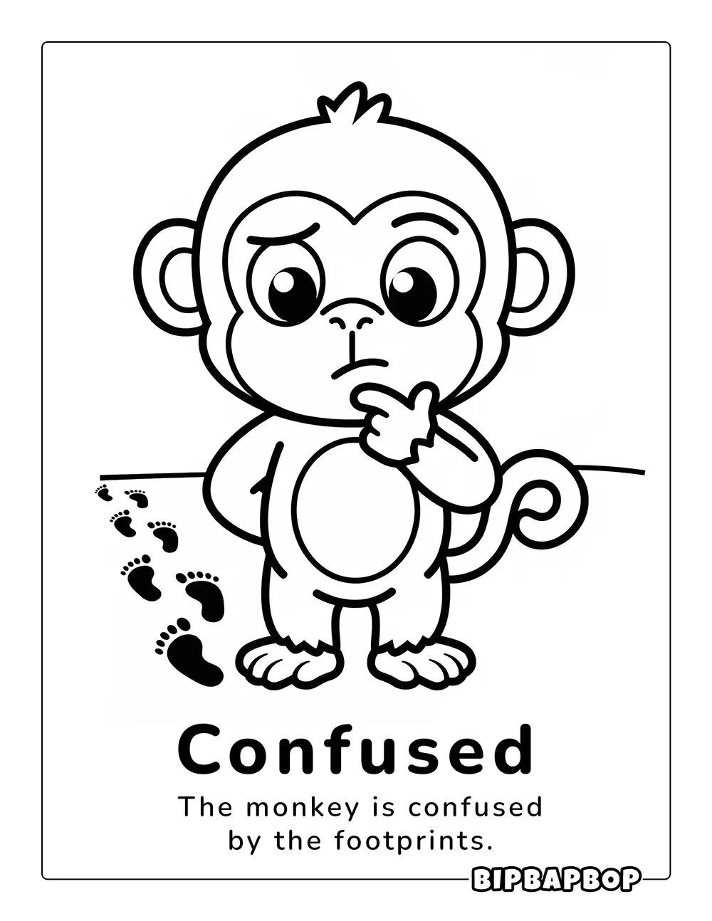 A confused monkey looking at footprints