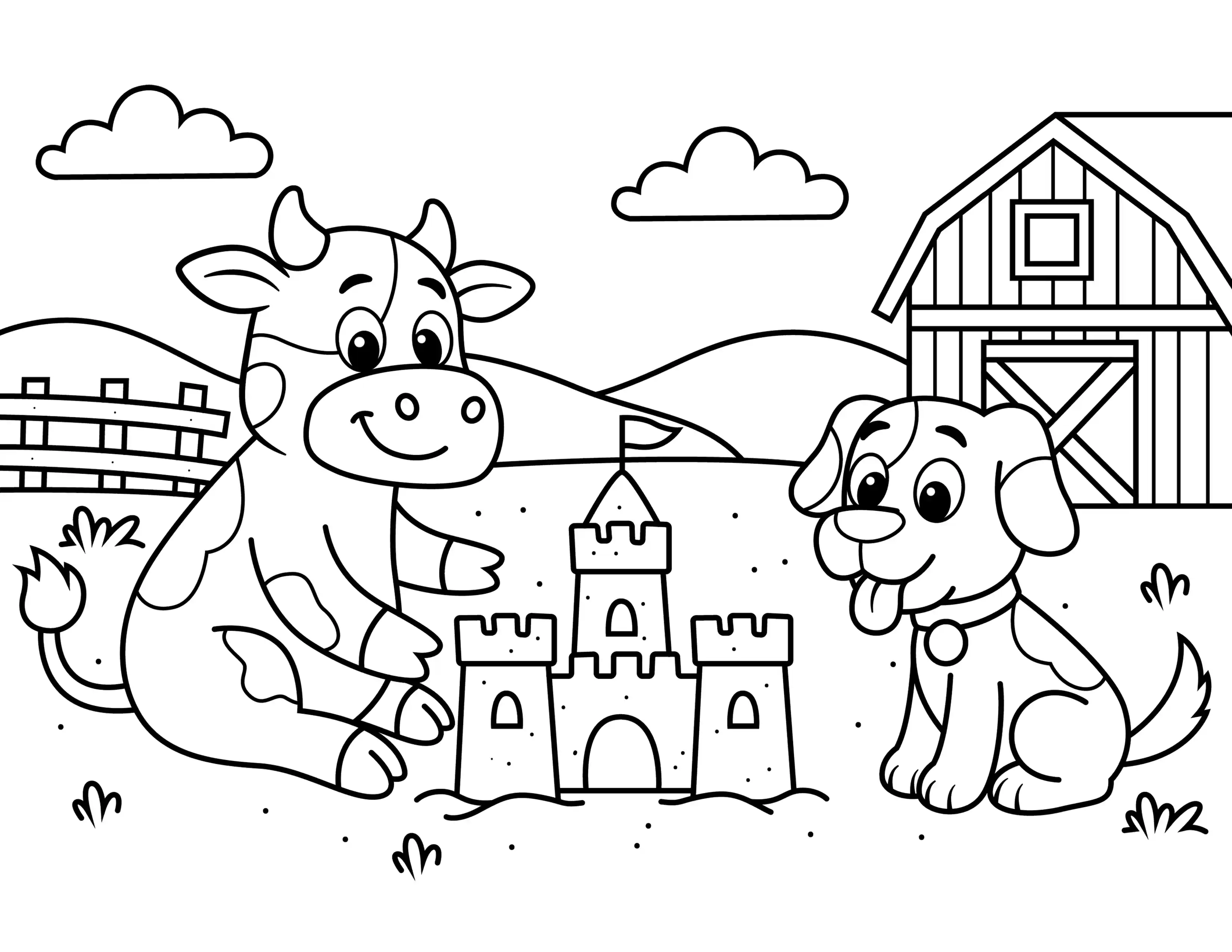 Cow And Dog Making A Sand Castle Coloring Page Black & White