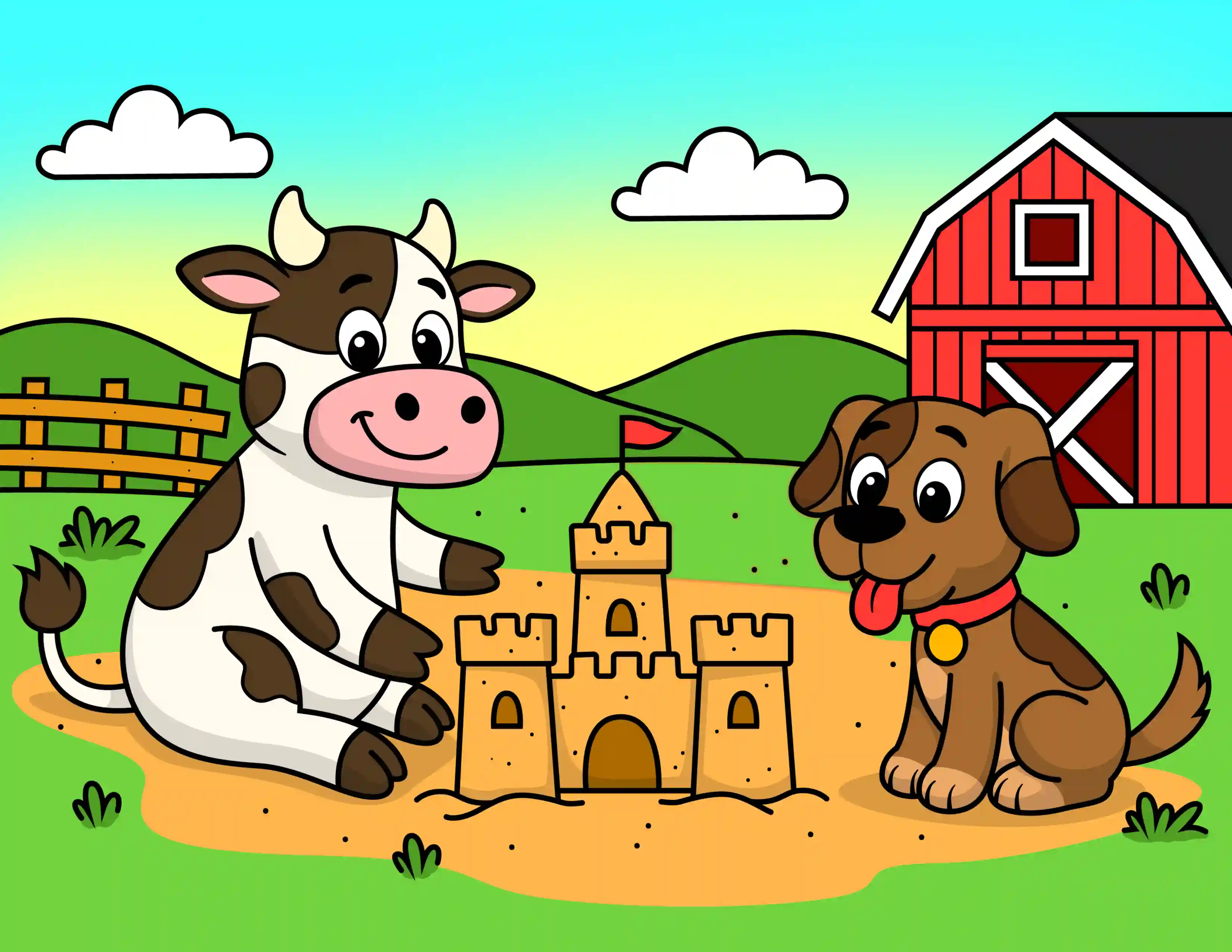 Cow And Dog Making A Sand Castle Coloring Page