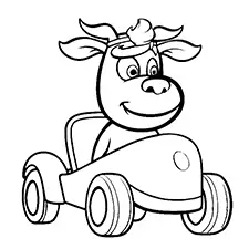 Cow Driving Car Coloring Page Black & White