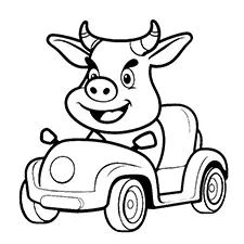 Cow Driving Racing Car Coloring Page Black & White
