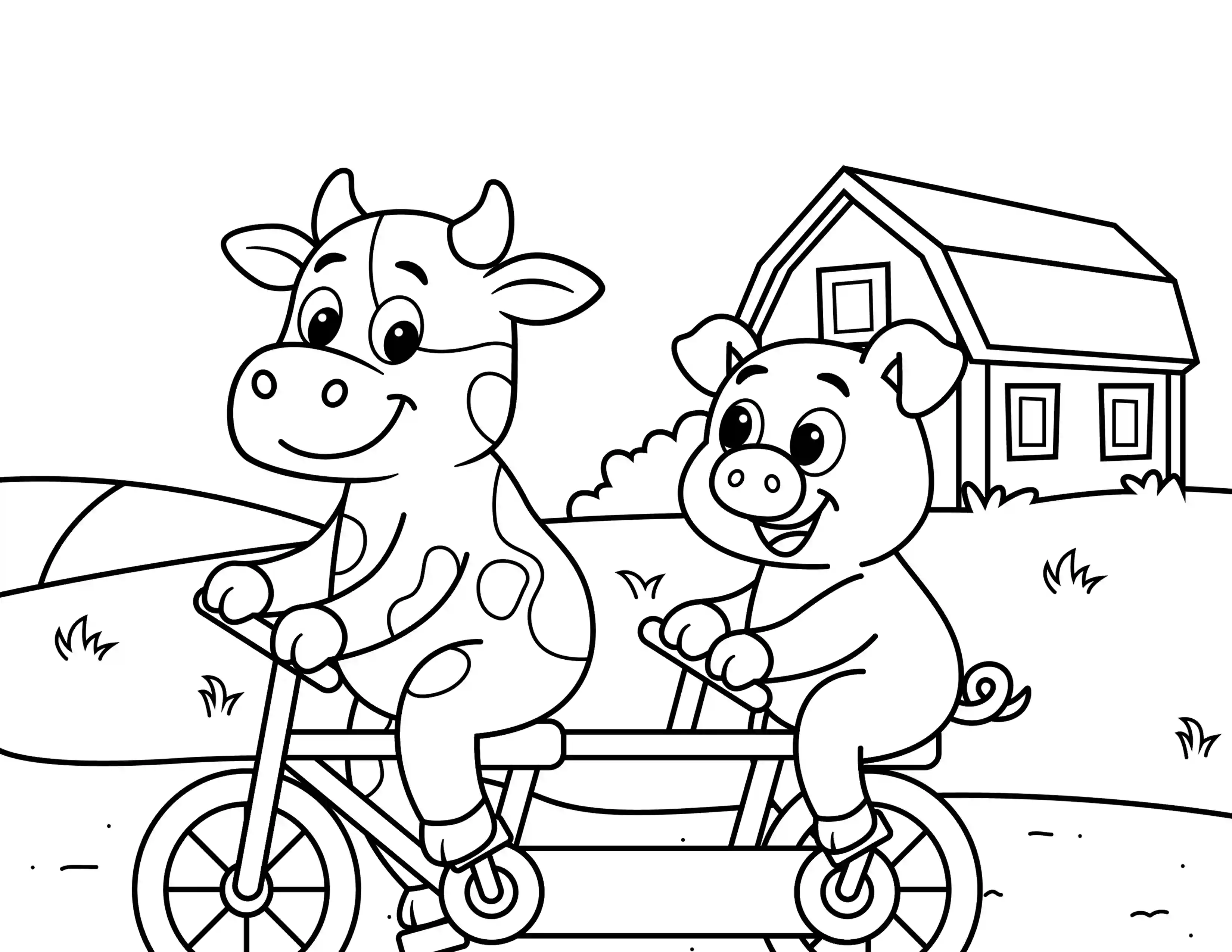 Cow and Pig Riding A Bike Coloring Page Black & White