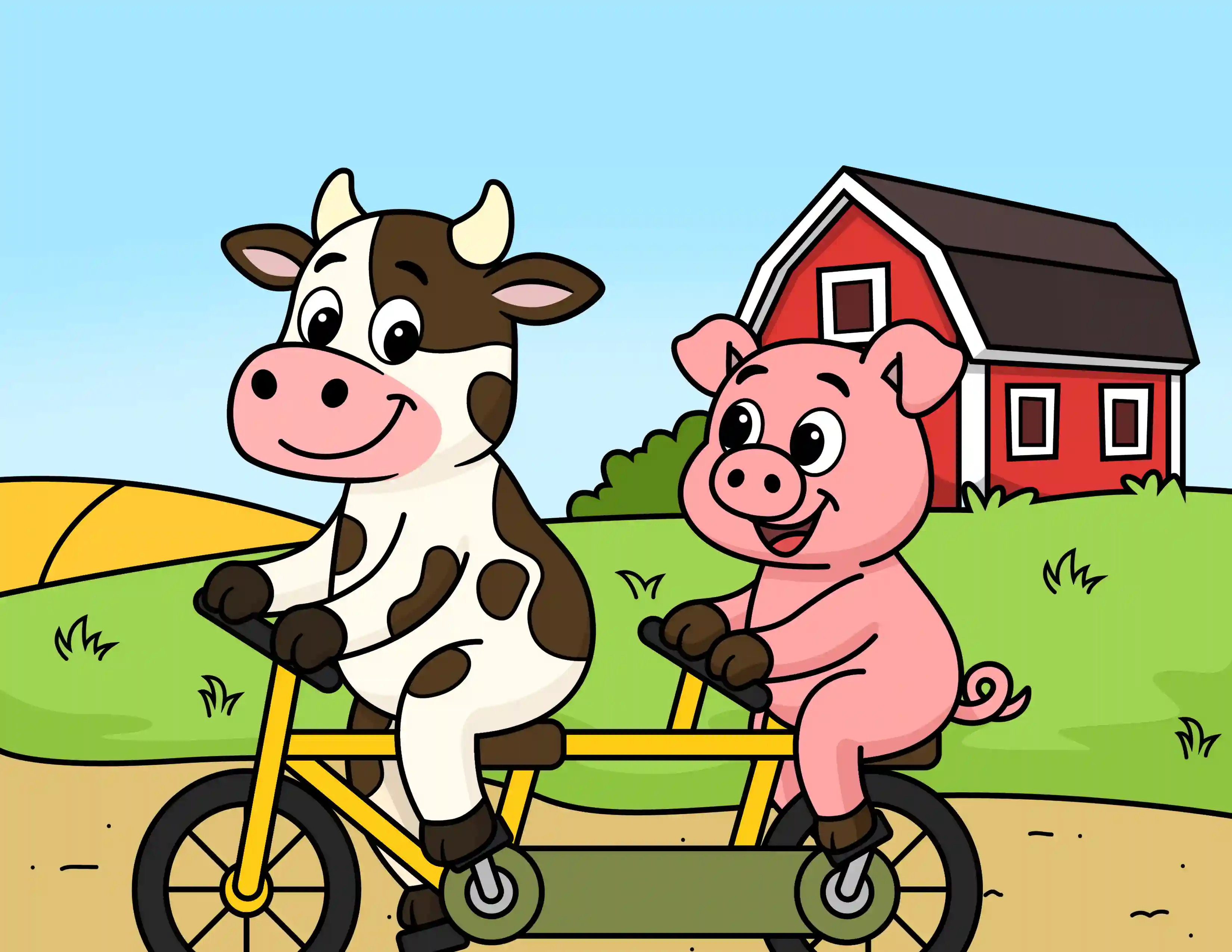 Cow and Pig Riding A Bike Coloring Page