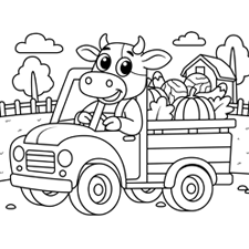 Cow Riding A Farm Truck Coloring Page