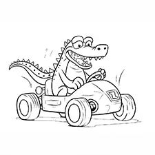 Crocodile Driving Racing Car Coloring Page Black & White